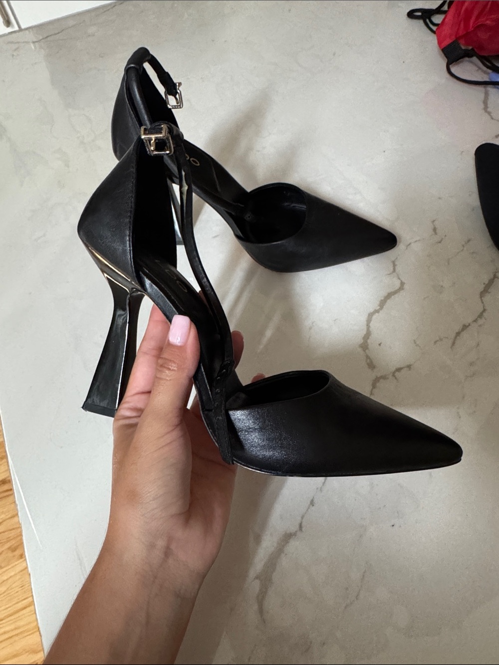 Aldo Pillow Walk Black Pointed-Toe Sculpted Heel Ankle-Strap Pumps